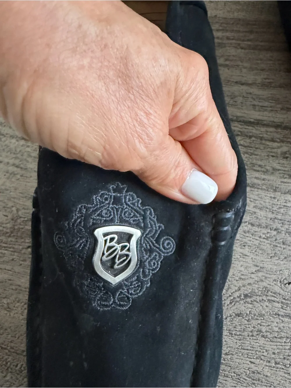 Black Suede Penny Loafers with Embroidered Crest - Men’s Slip-On